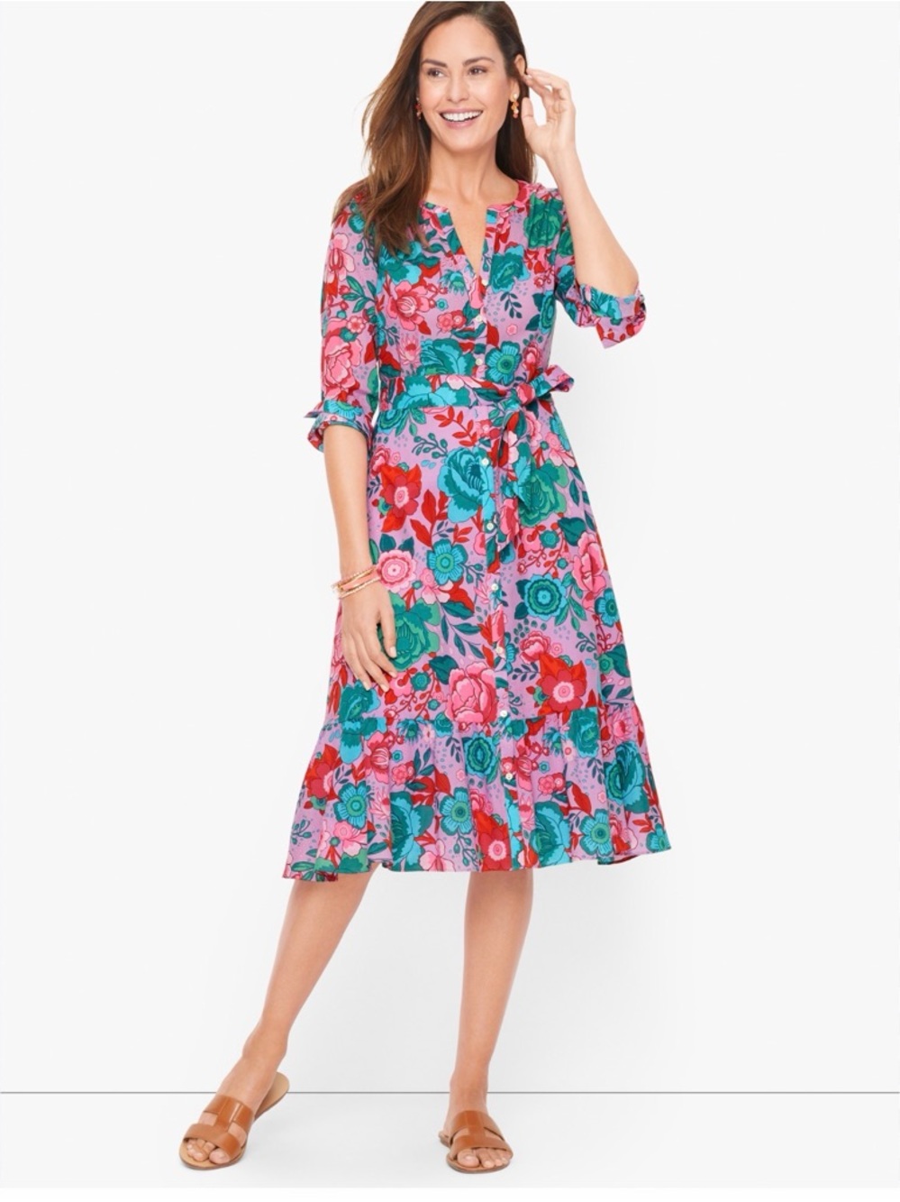 Talbots Sketched Blooms Floral Belted Shirtdress Dress Floral Sz 14P Peplum Hem